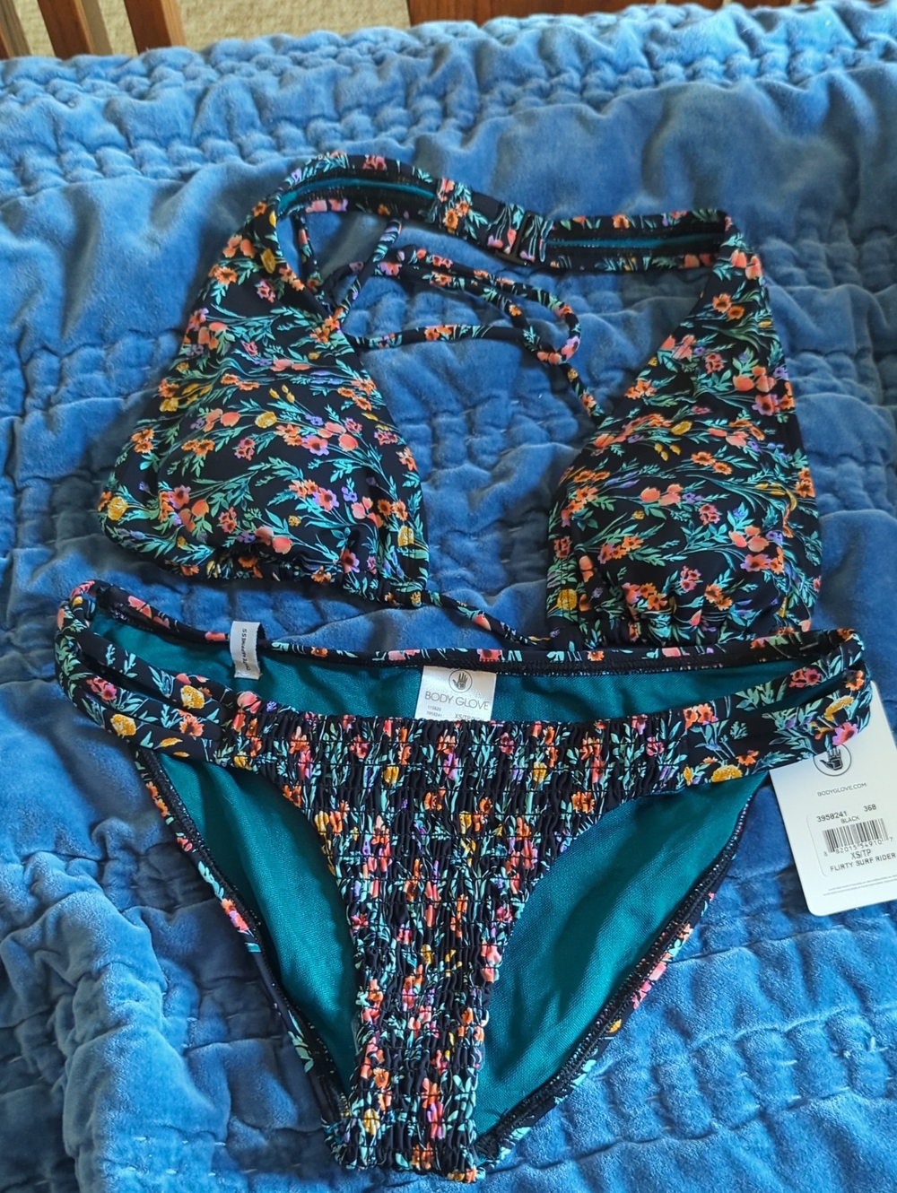 Body Glove Black Floral Halter Bikini with Teal Lining NWT
